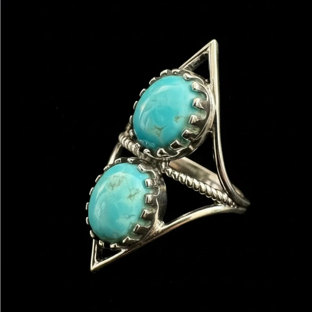 Sterling Silver Double genuine king man Turquoise Ring‎